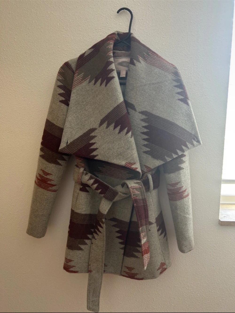 Forever 21 Gray Cardigan Coat with Brown and Rust Tribal Accents